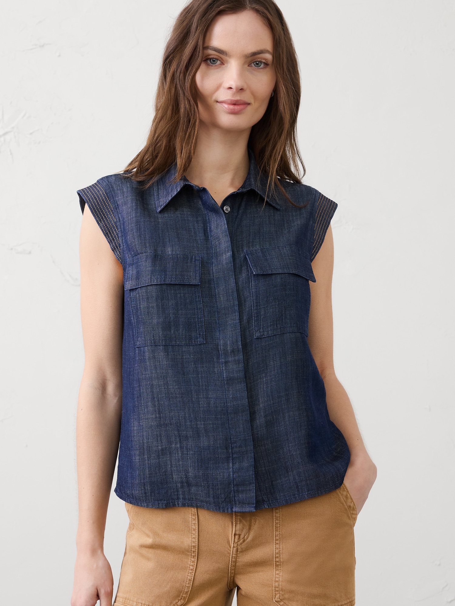 Image number 1 showing, Denim Trapunto Cap-Sleeve Shirt