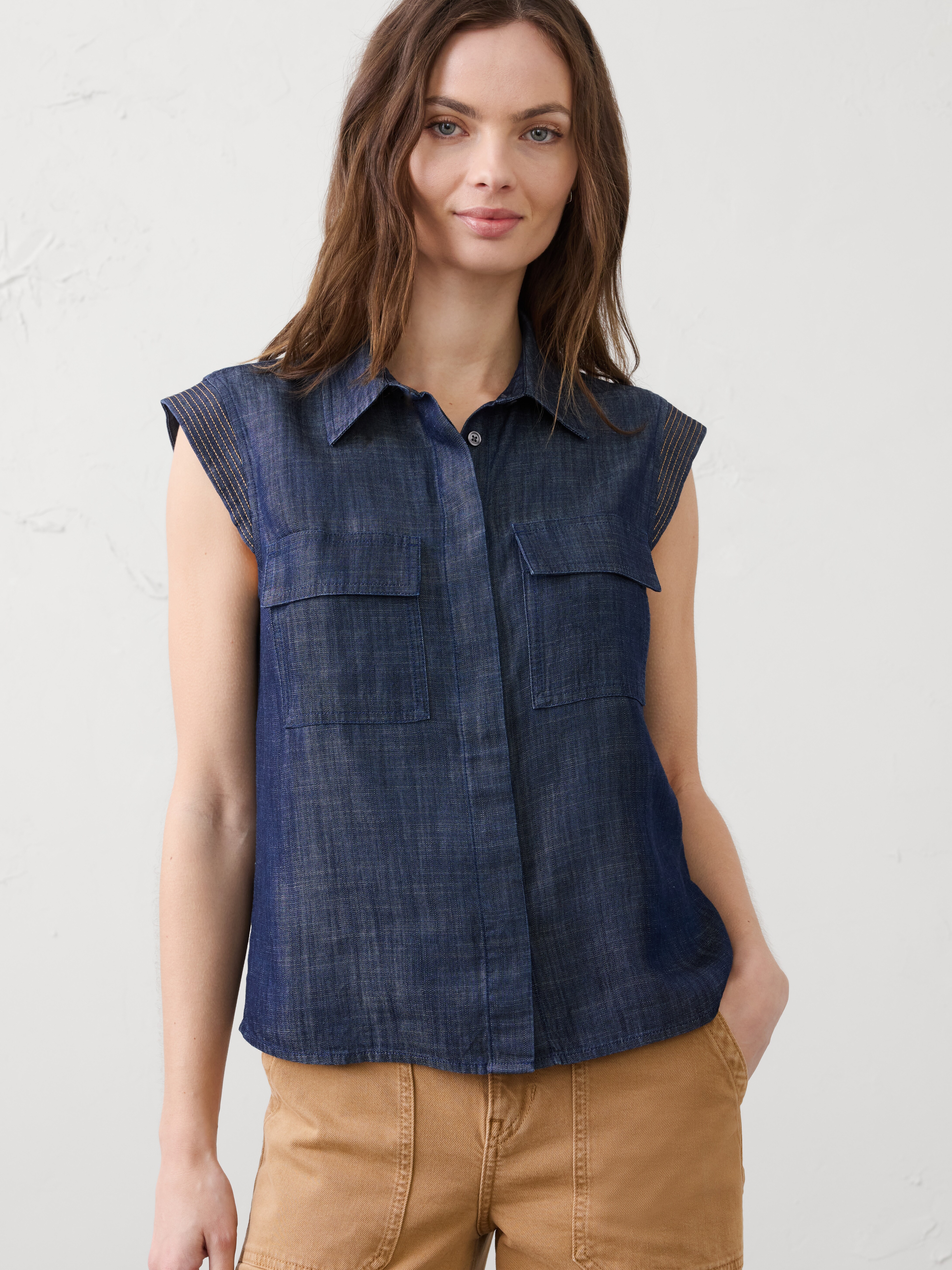 Denim Trapunto Cap-Sleeve Shirt