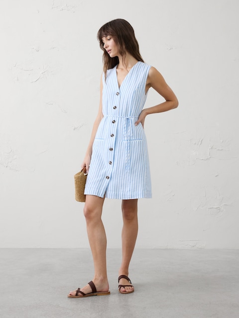 Linen-Blend Button-Front Above-Knee Dress