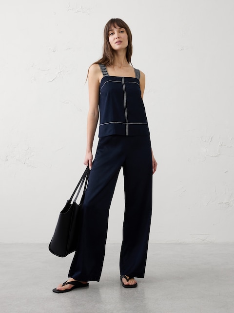 Wide-Leg High-Rise Crinkle Satin Pull-On Pant