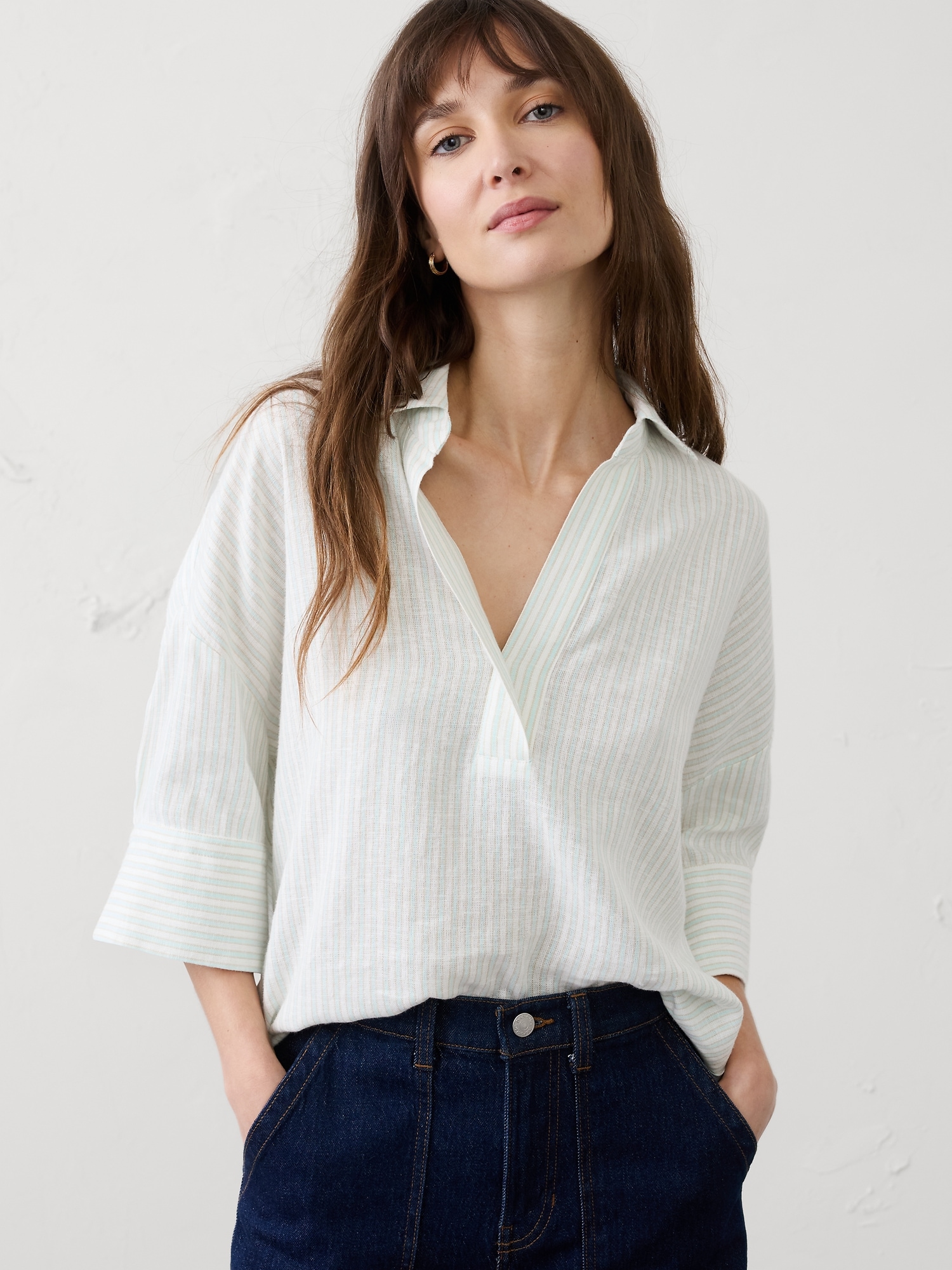 Image number 1 showing, Linen-Blend Drapey Popover Shirt