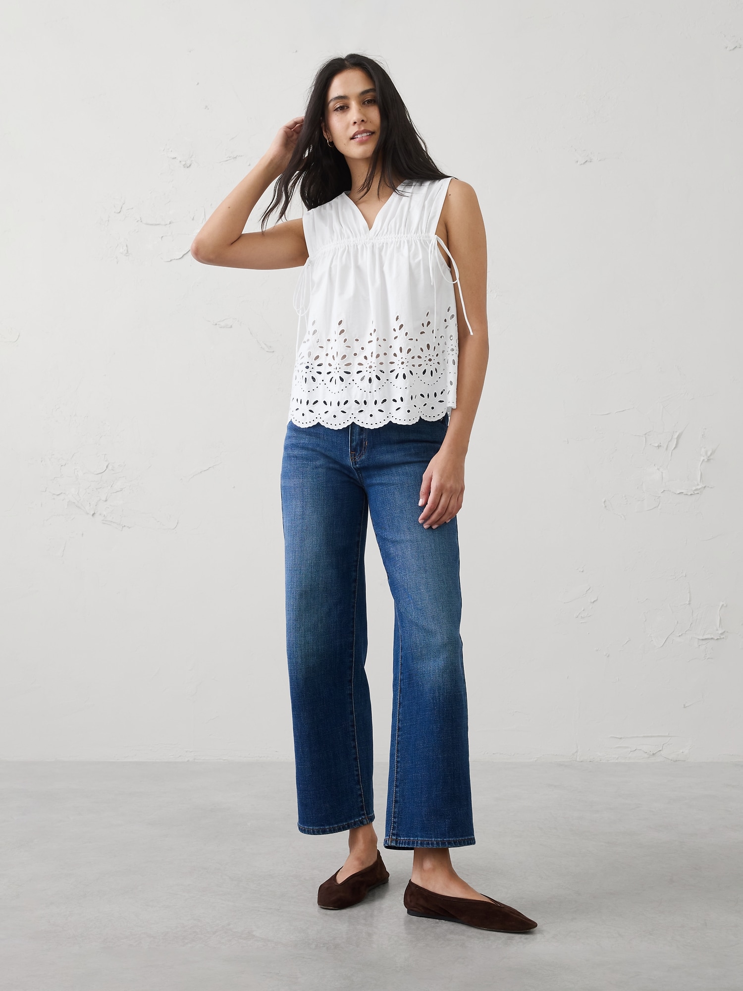 Poplin Cinched-Ties Eyelet Top