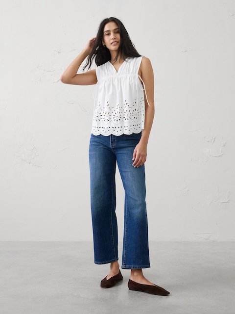 Poplin Cinched-Ties Eyelet Top