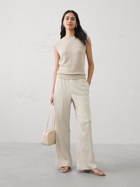 Wide-Leg High-Rise Crinkle Satin Pull-On Pant