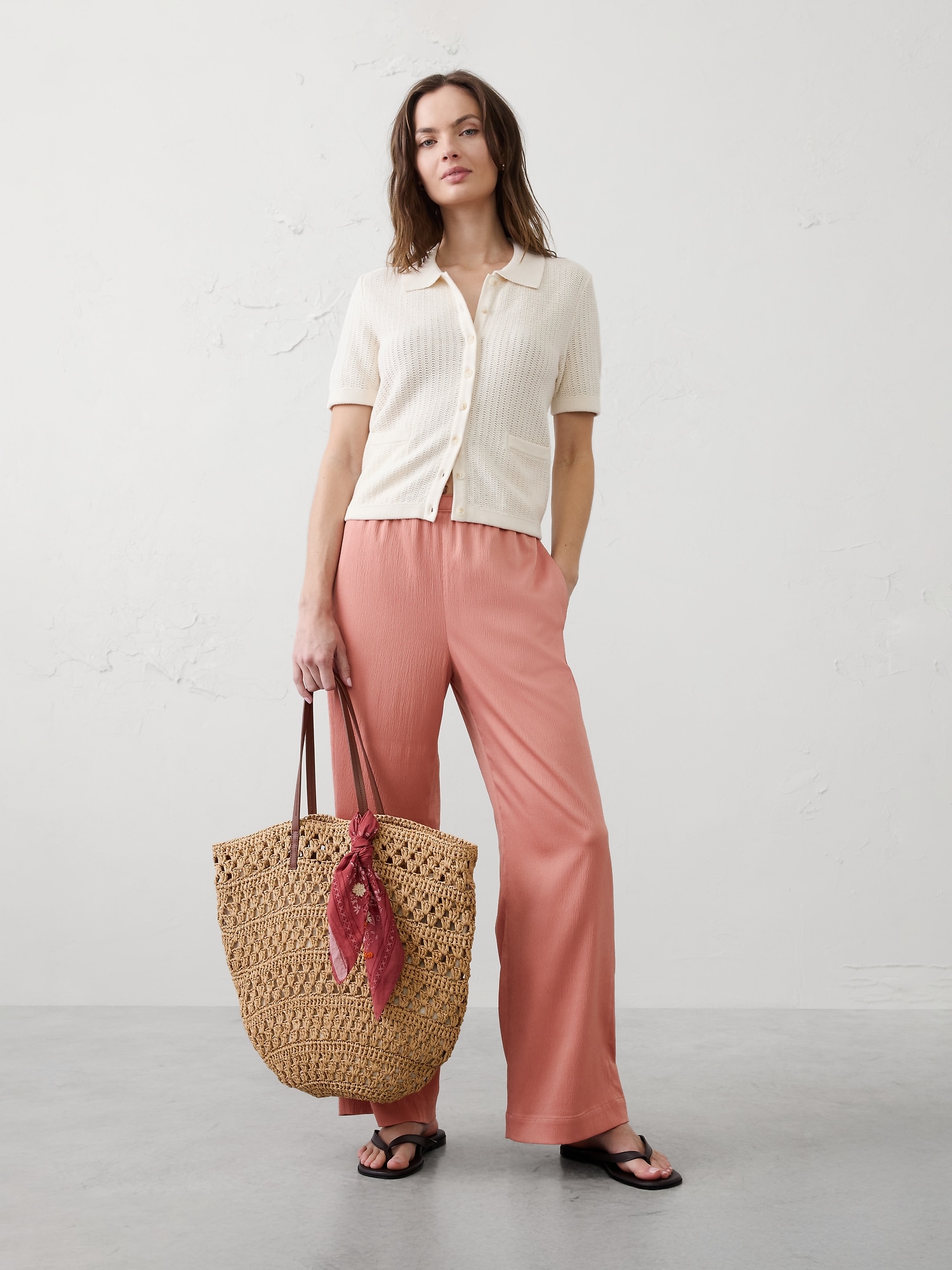 Image number 1 showing, Wide-Leg High-Rise Crinkle Satin Pull-On Pant