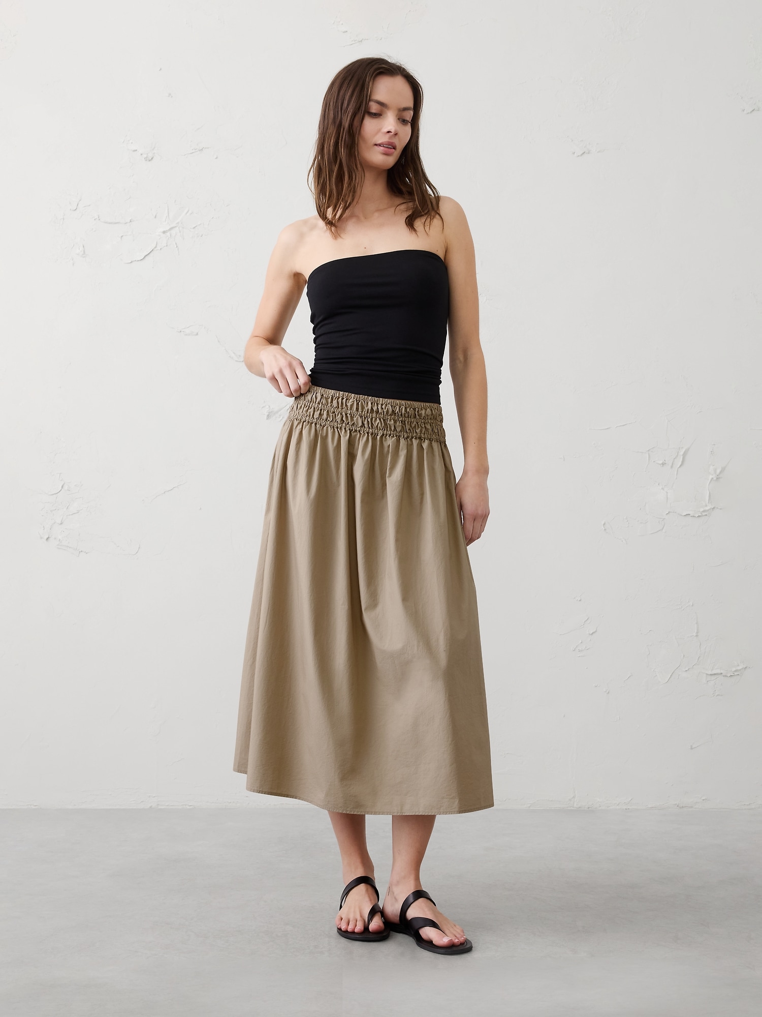 Image number 1 showing, Poplin Smocked-Waist Midi Skirt