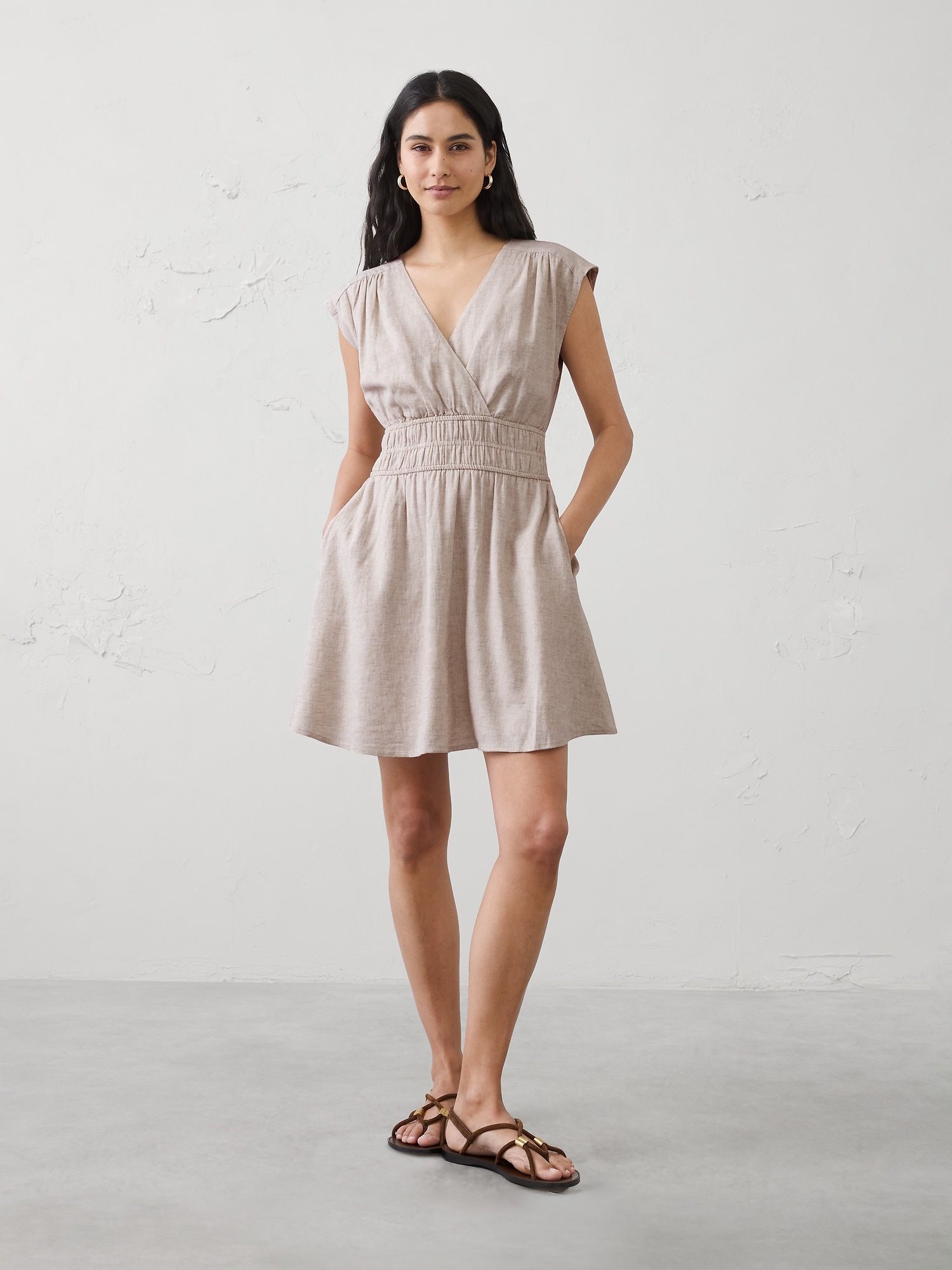 Image number 1 showing, Linen-Blend Smocked-Waist Mini Dress