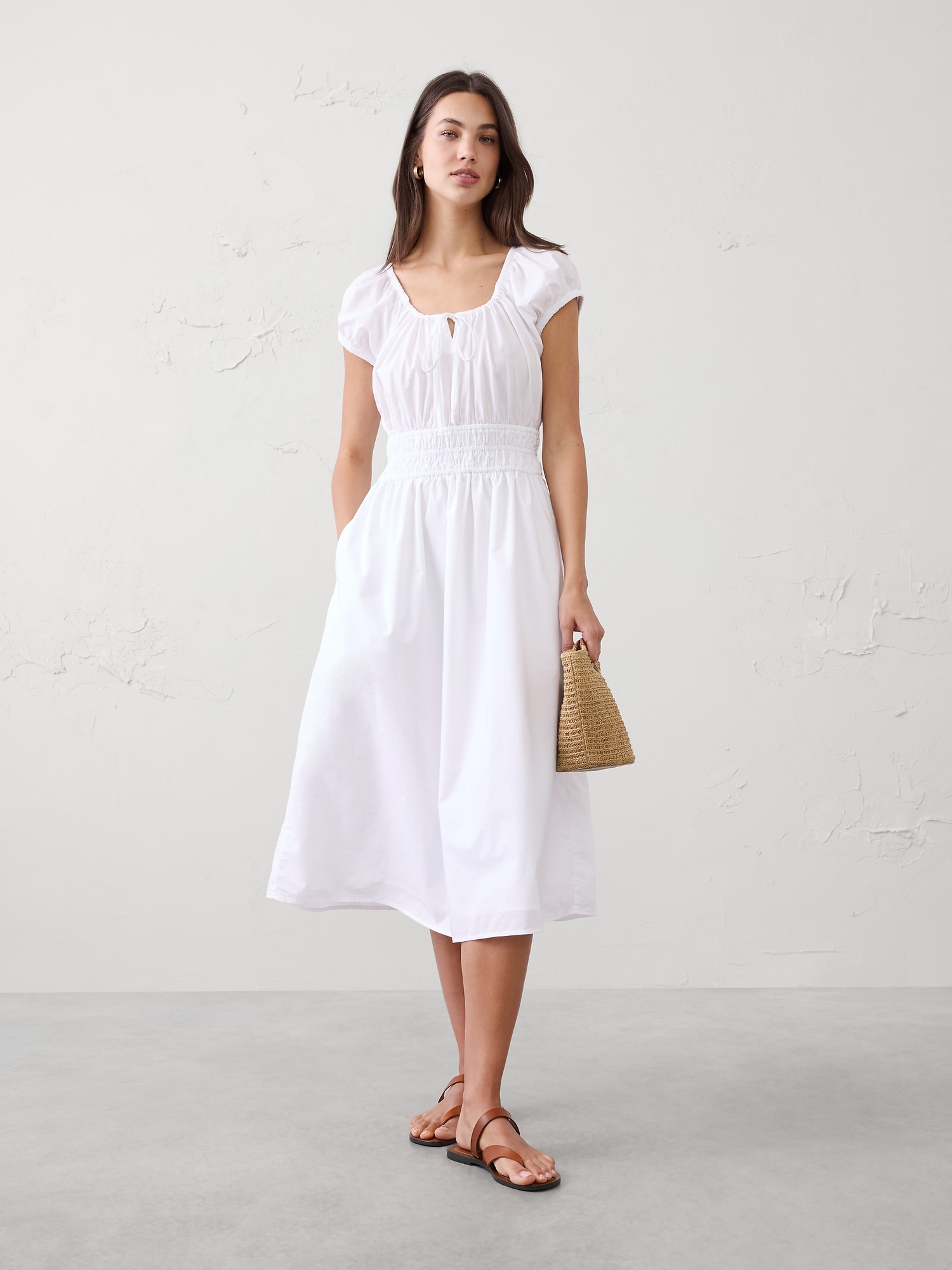 Image number 1 showing, Poplin Gathered-Neck Midi Dress