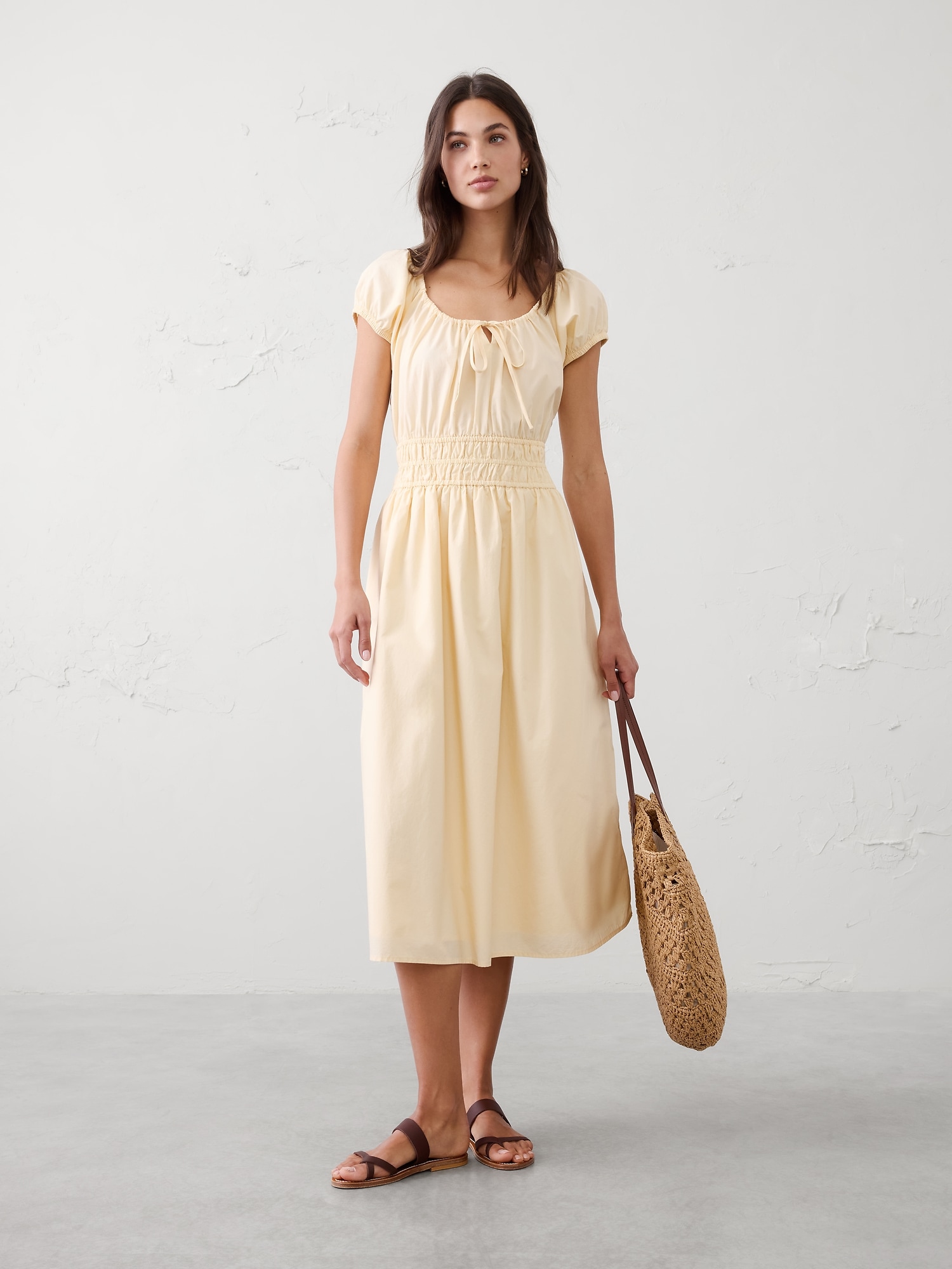 Image number 1 showing, Poplin Gathered-Neck Midi Dress