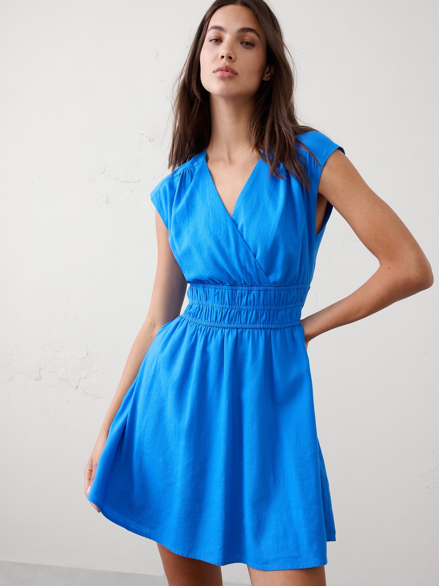 Image number 6 showing, Linen-Blend Smocked-Waist Mini Dress