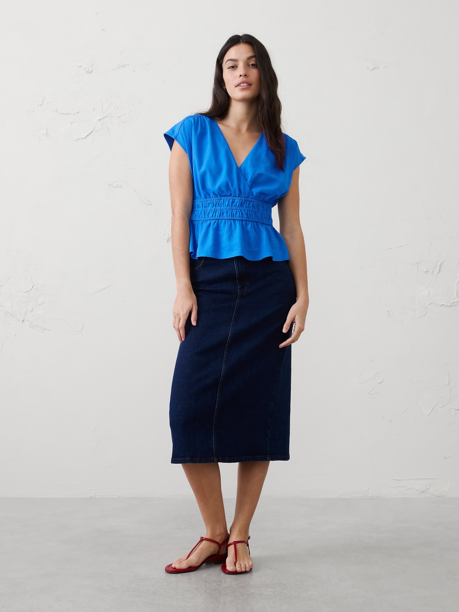 Image number 1 showing, Linen-Blend Elastic Surplice Top
