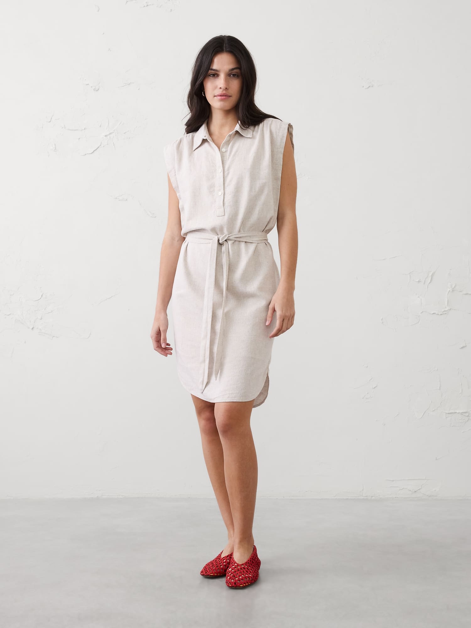 Image number 1 showing, Linen-Blend Knee-Length Shirtdress
