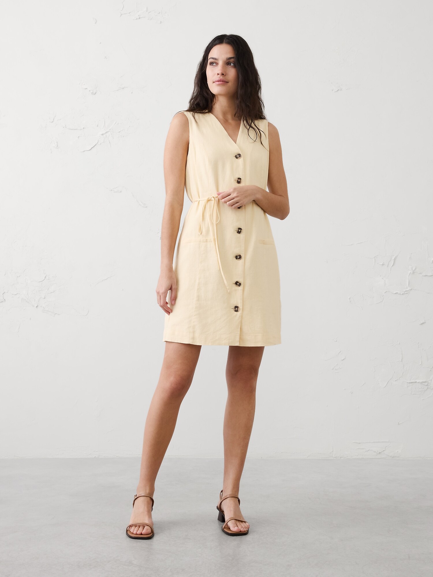 Image number 1 showing, Linen-Blend Button-Front Above-Knee Dress
