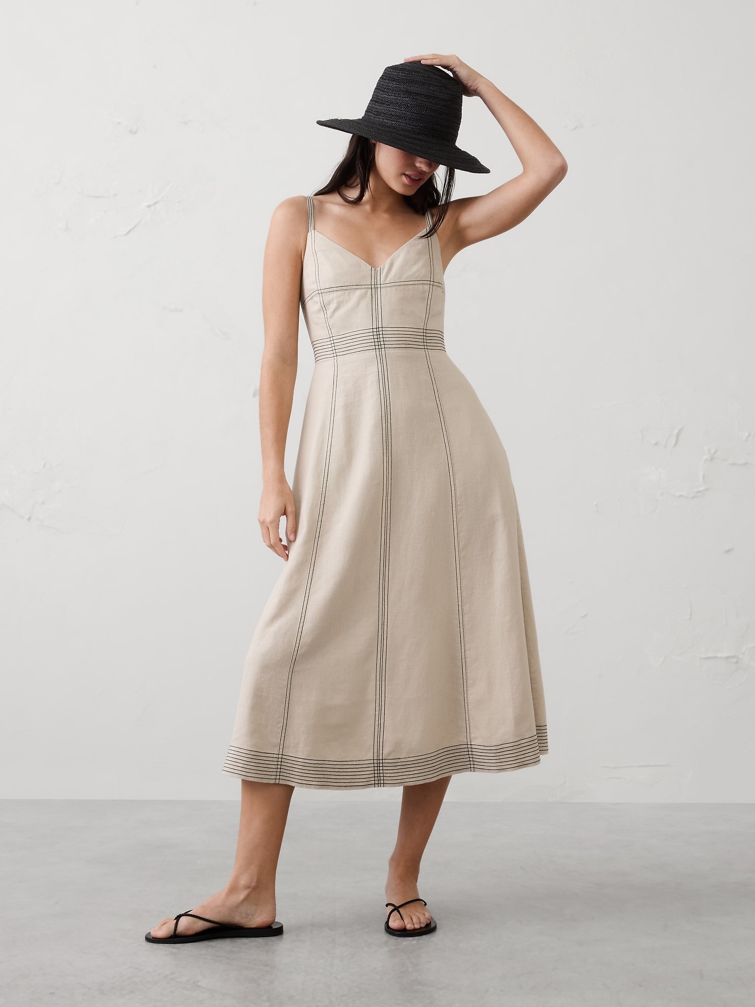 Image number 1 showing, Linen-Blend Contrast Stitch Midi Dress