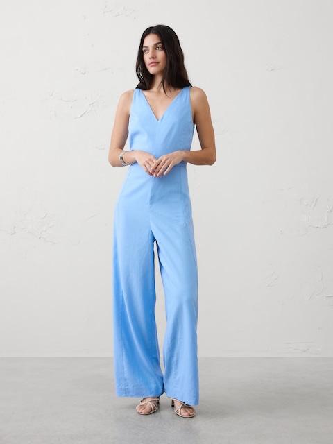 Linen-Blend V-Neck Jumpsuit