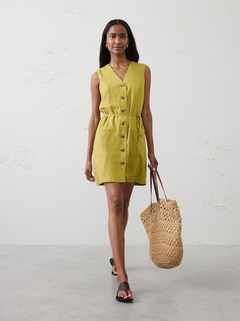 Linen-Blend Button-Front Above-Knee Dress