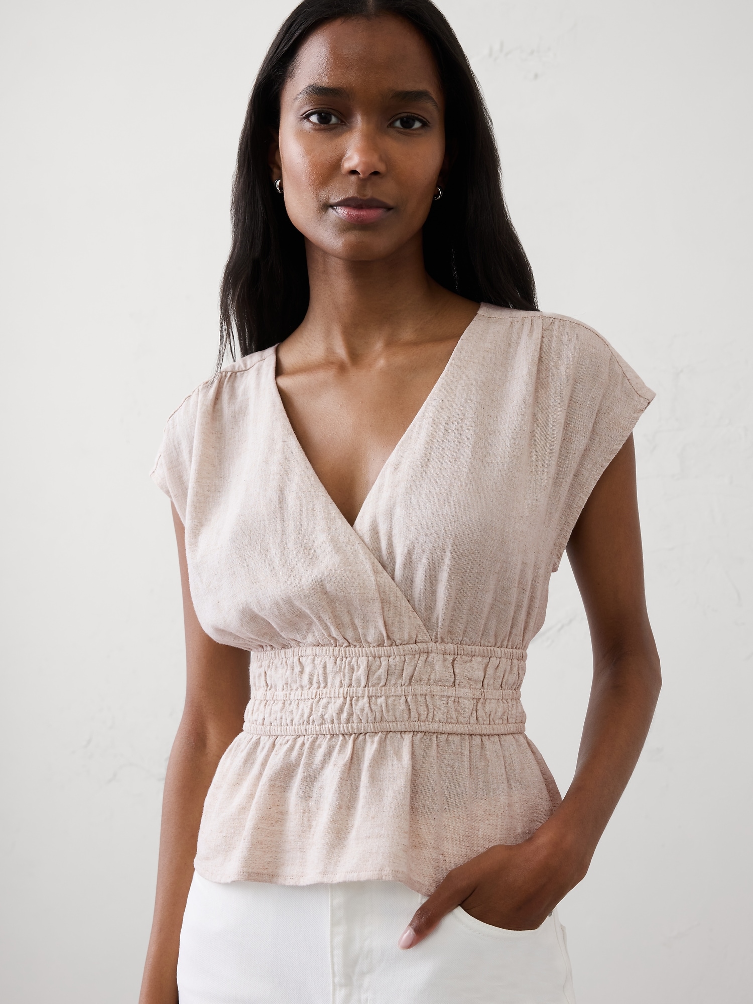 Image number 3 showing, Linen-Blend Elastic Surplice Top