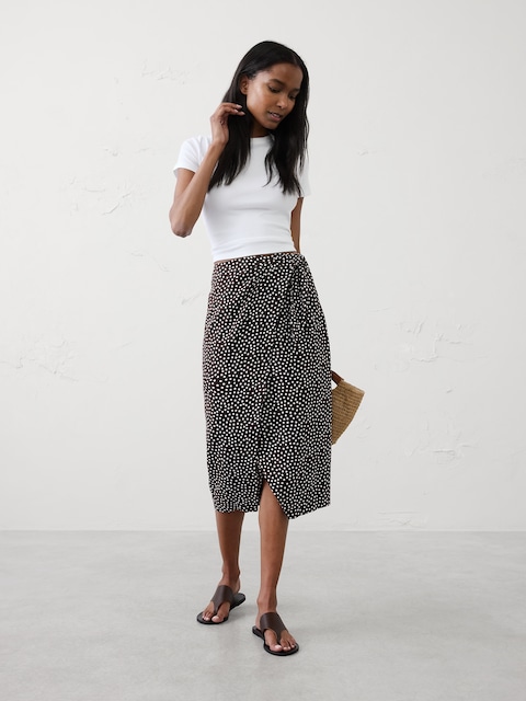 Linen-Blend Faux-Wrap Midi Skirt