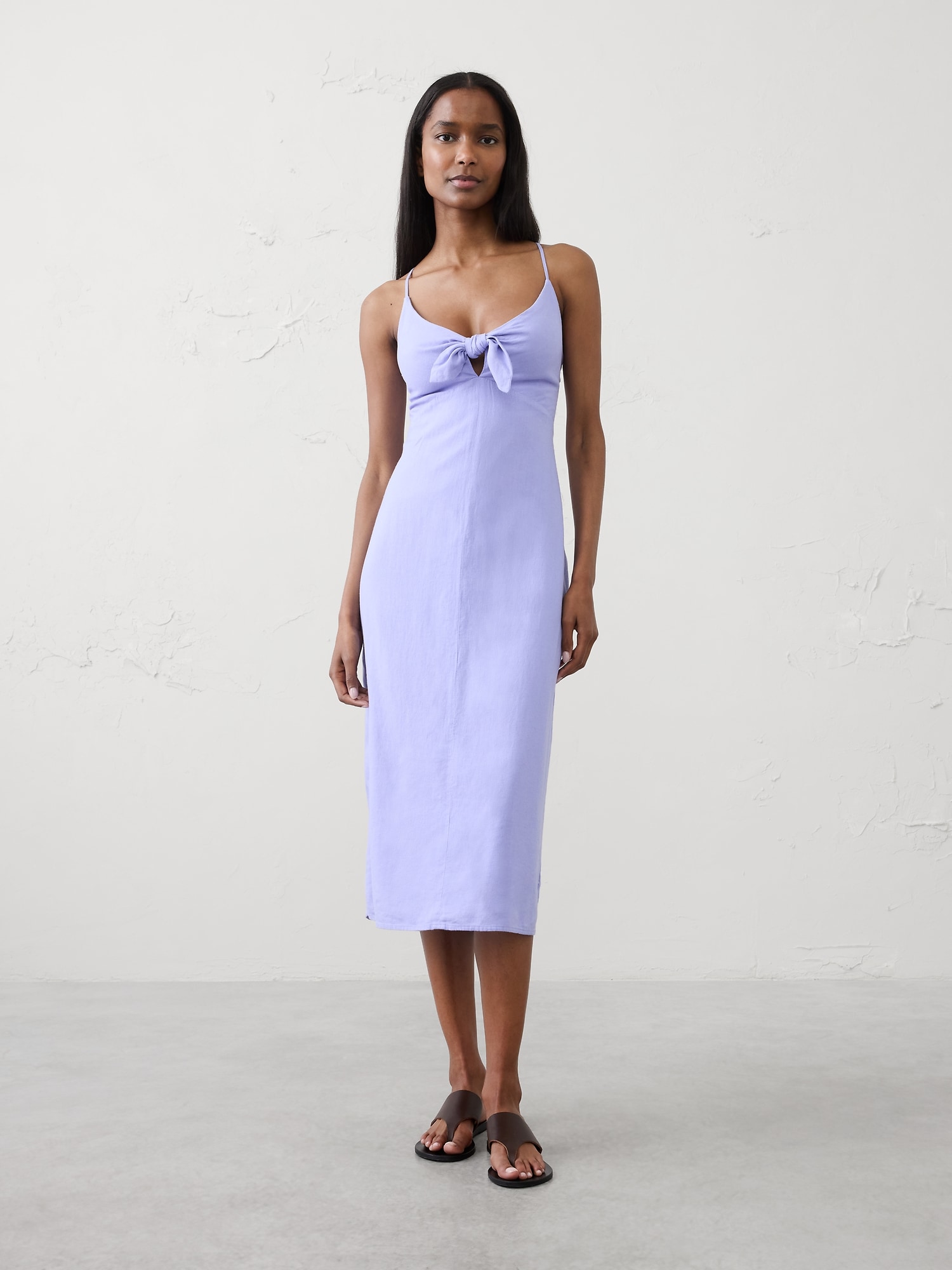 Image number 1 showing, Linen-Blend Tie-Front Midi Dress