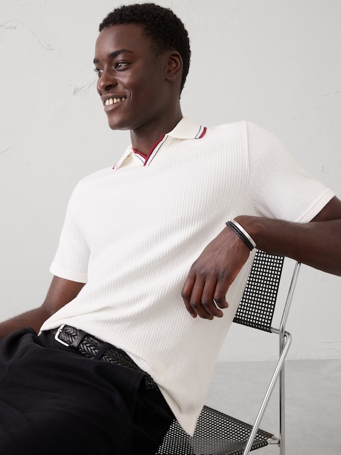 Crinkle Ribbed Johnny-Collar Polo