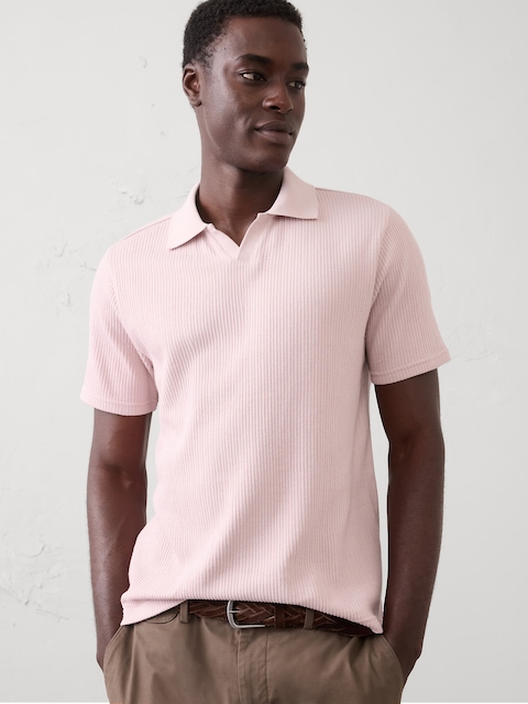 Crinkle Ribbed Johnny-Collar Polo