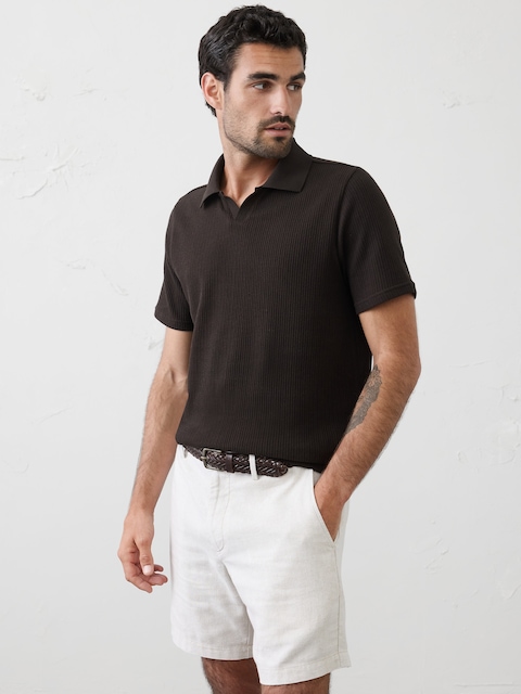 Crinkle Ribbed Johnny-Collar Polo