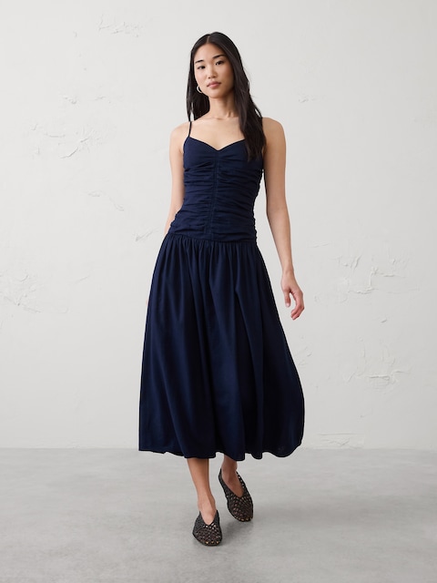 Linen-Blend Strappy Ruched-Bodice Maxi Dress