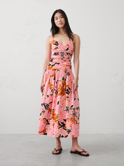 Linen-Blend Strappy Ruched-Bodice Maxi Dress