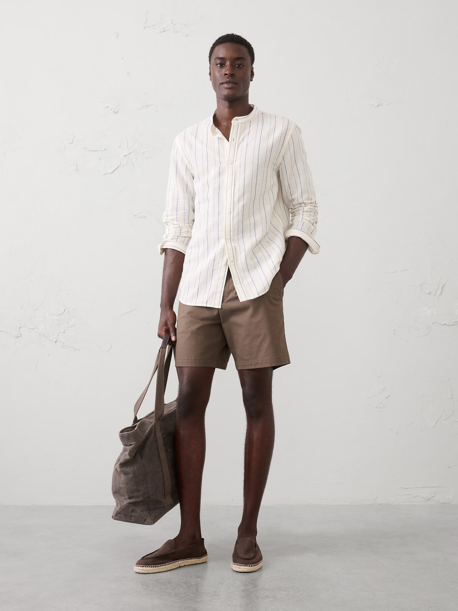 Image number 1 showing, Slim-Fit Linen-Blend Banded-Collar Shirt