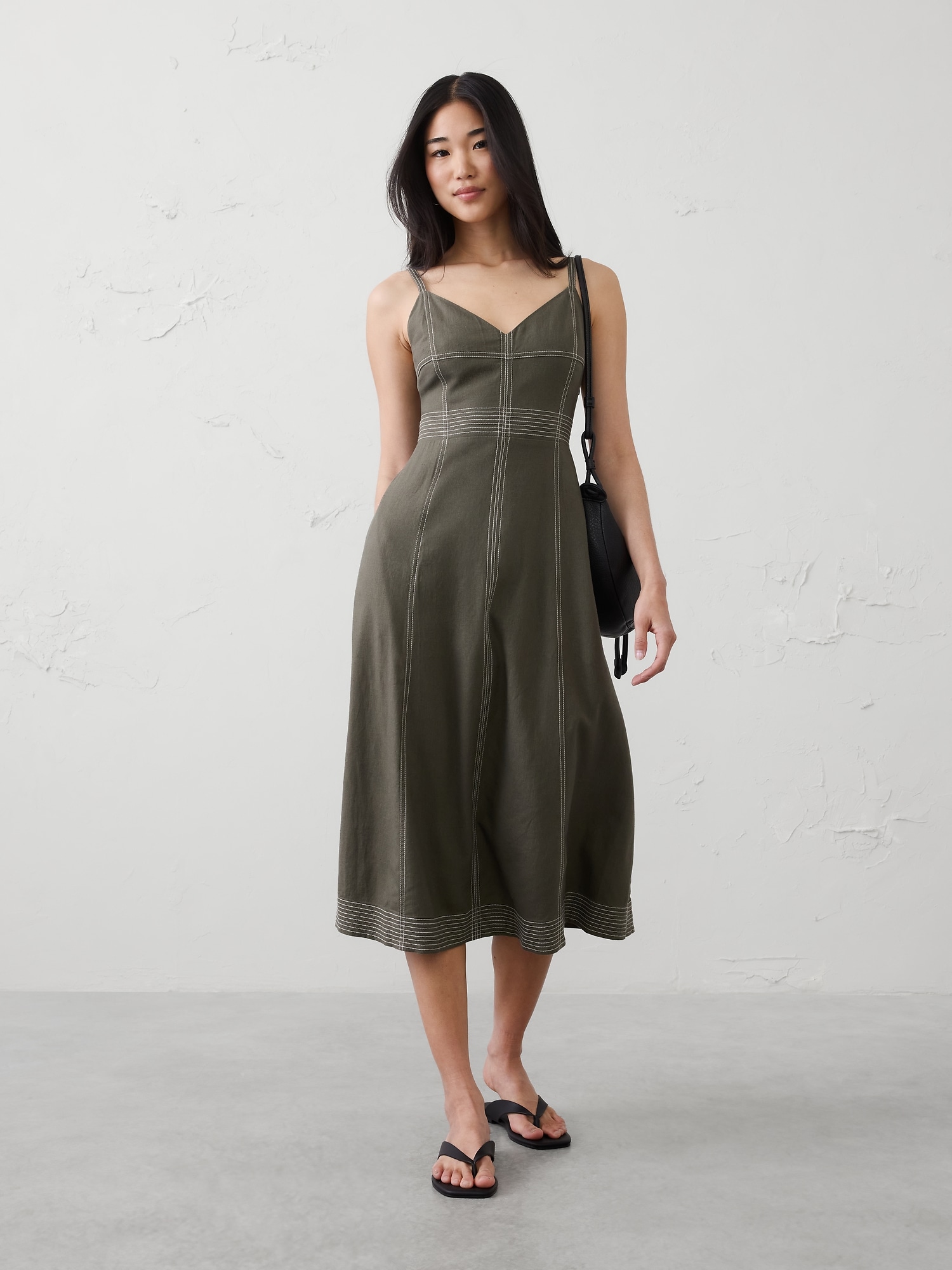 Image number 1 showing, Linen-Blend Contrast Stitch Midi Dress
