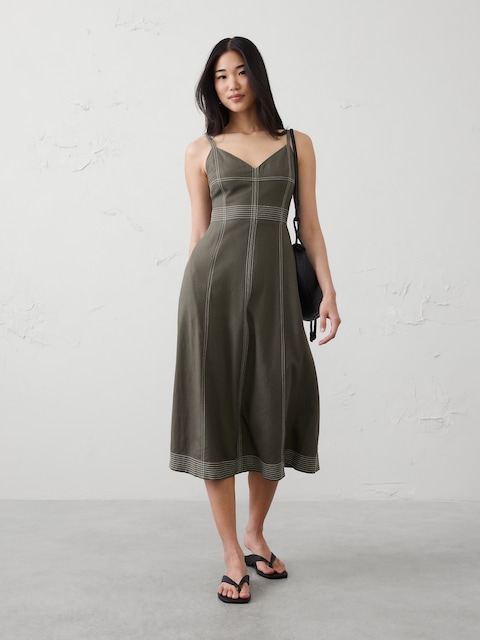 Linen-Blend Contrast Stitch Midi Dress