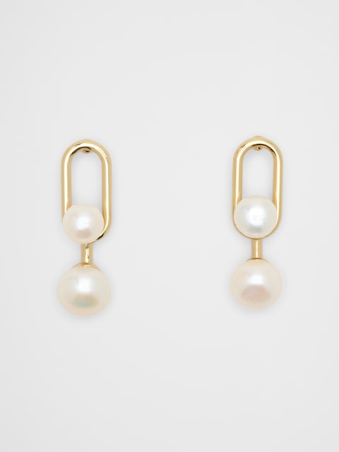 Oval Metal Pearl Drop Earrings