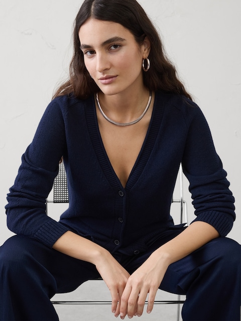 Ramie-Cotton V-Neck Cardigan Sweater