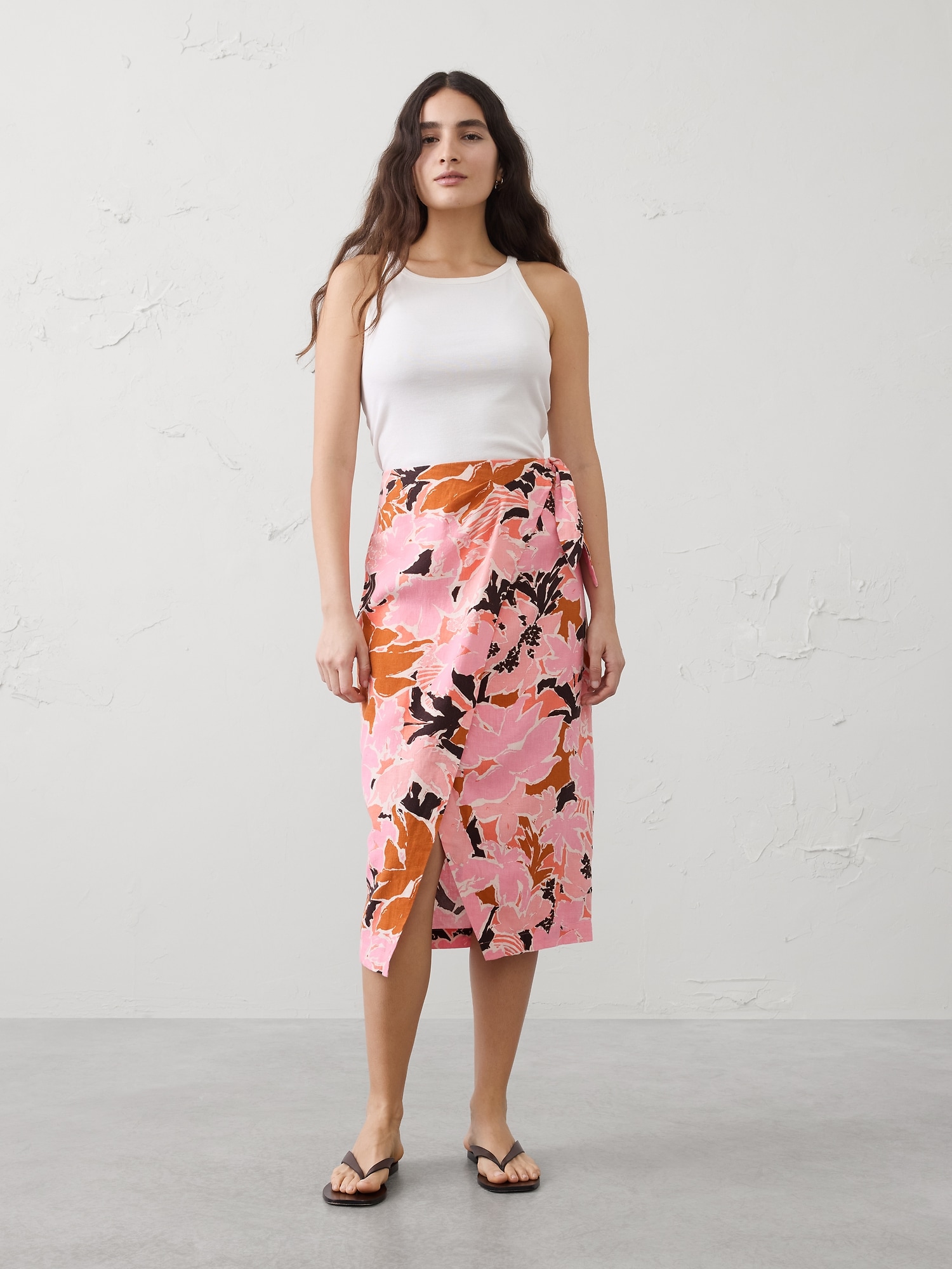 Image number 1 showing, Linen-Blend Faux-Wrap Midi Skirt