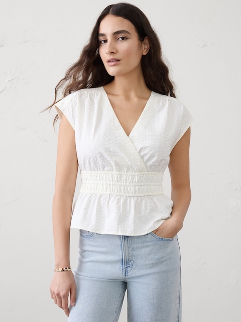 Seersucker Elastic Surplice Top
