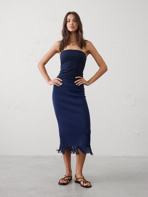 Frayed-Hem Midi Skirt