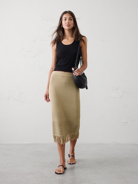 Frayed-Hem Midi Skirt