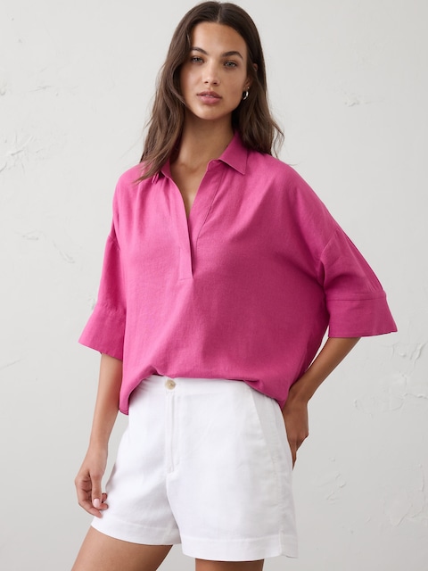 Linen-Blend Drapey Popover Shirt