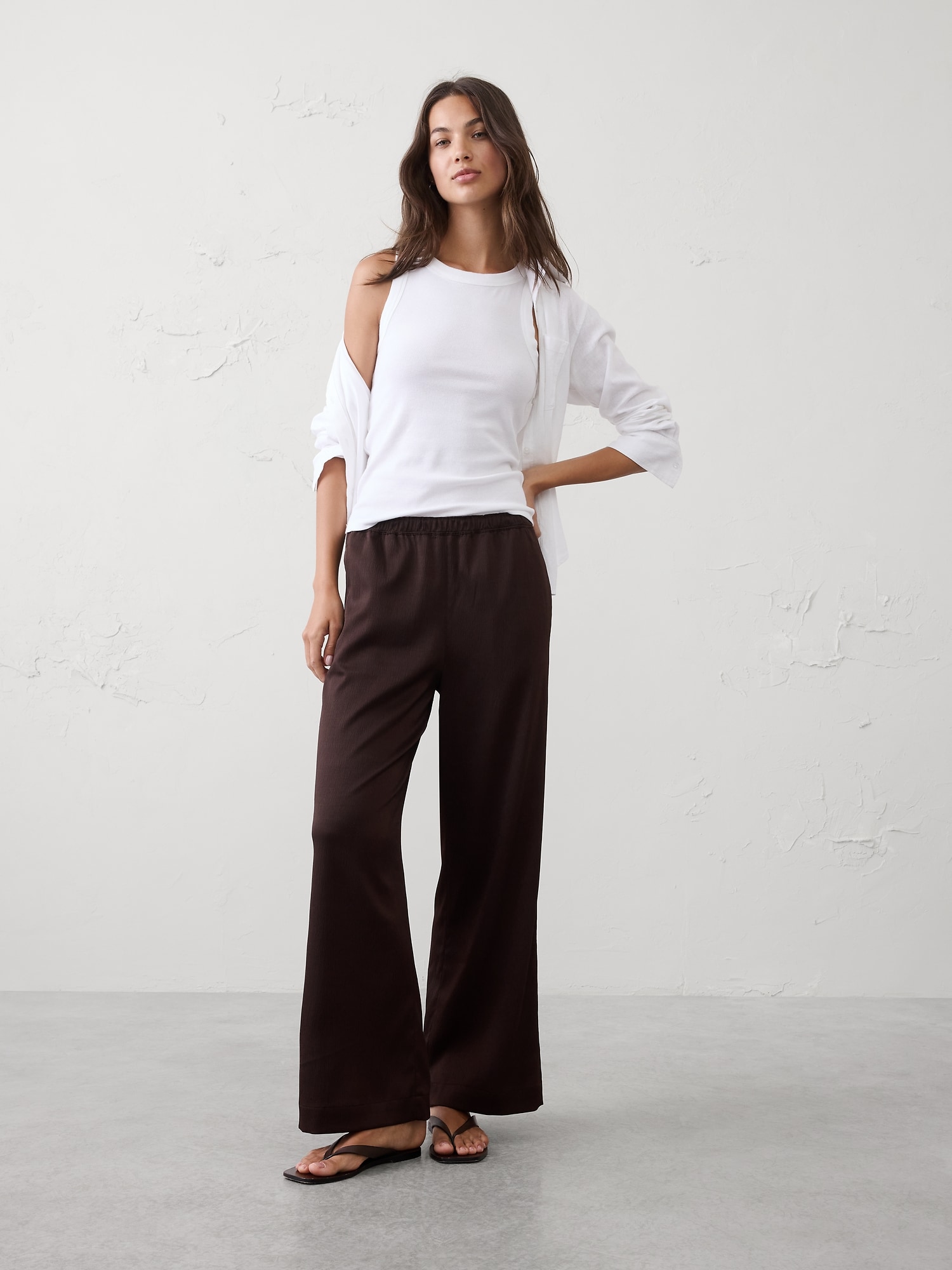 Image number 1 showing, Wide-Leg High-Rise Crinkle Satin Pull-On Pant