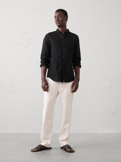 Slim-Fit Linen-Blend Banded-Collar Shirt
