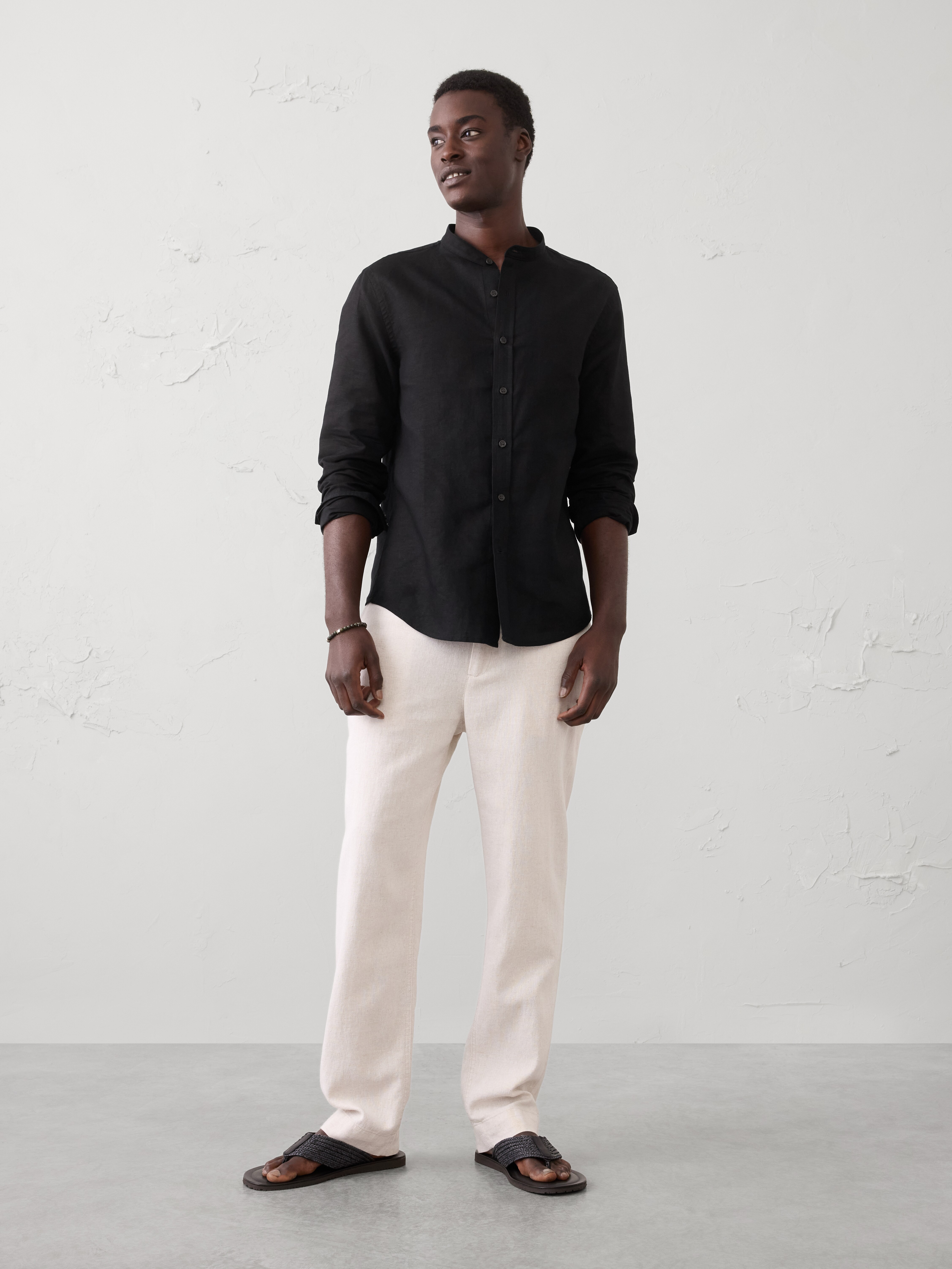 Slim-Fit Linen-Blend Banded-Collar Shirt