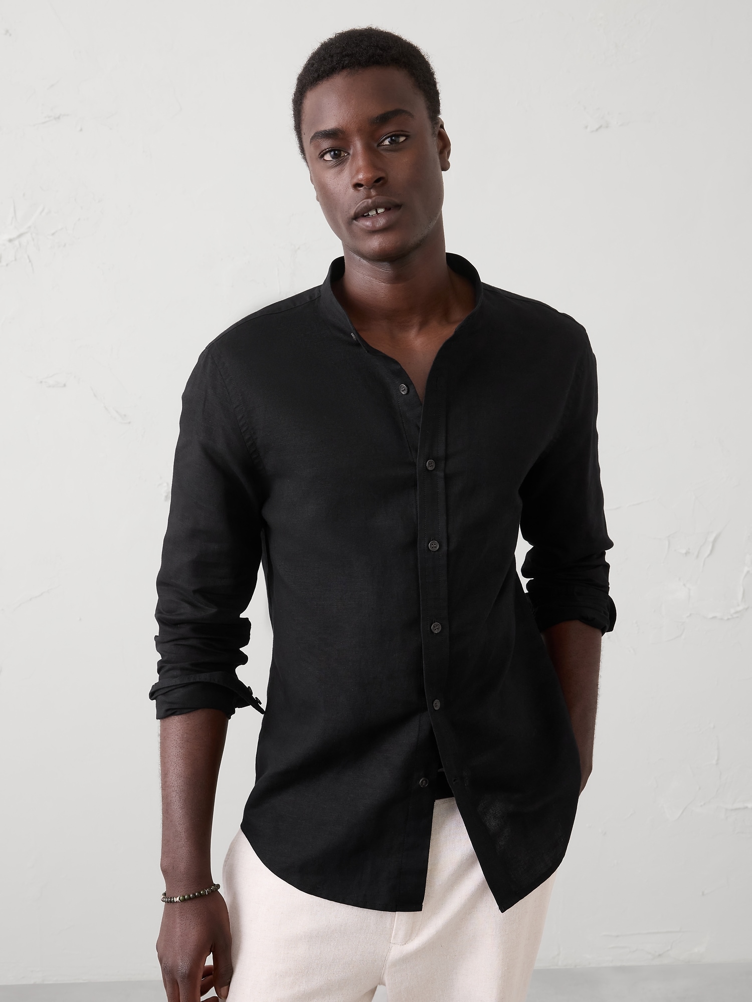 Image number 3 showing, Slim-Fit Linen-Blend Banded-Collar Shirt