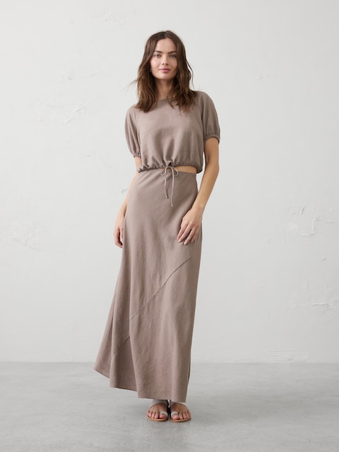 Linen-Blend Bias Pull-On Maxi Skirt