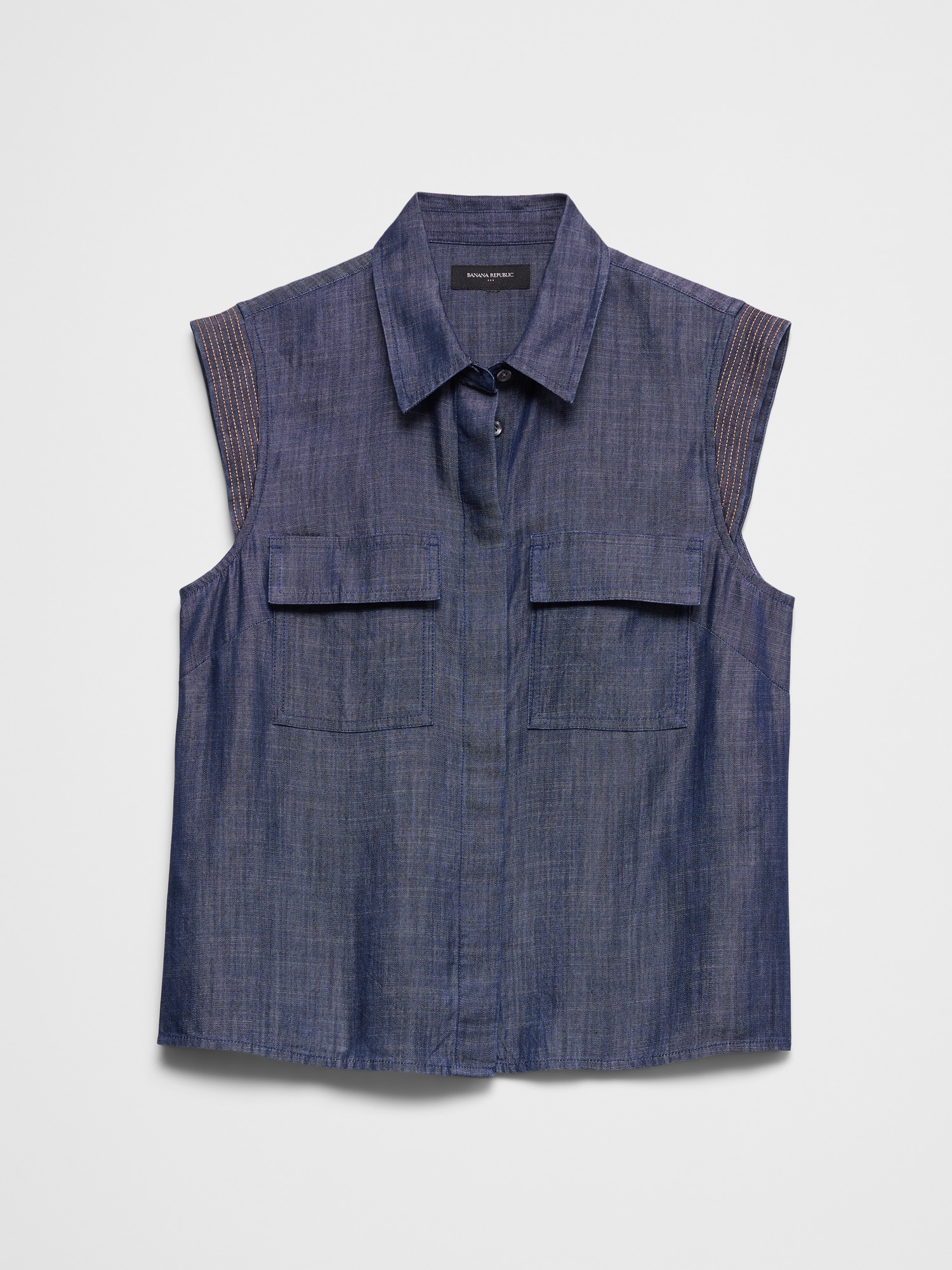 Image number 4 showing, Denim Trapunto Cap-Sleeve Shirt