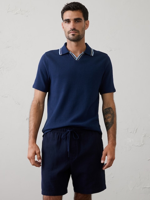 Crinkle Ribbed Johnny-Collar Polo