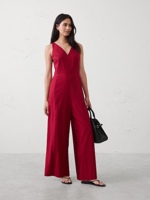 Linen-Blend V-Neck Jumpsuit