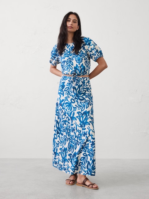 Linen-Blend Bias Pull-On Maxi Skirt