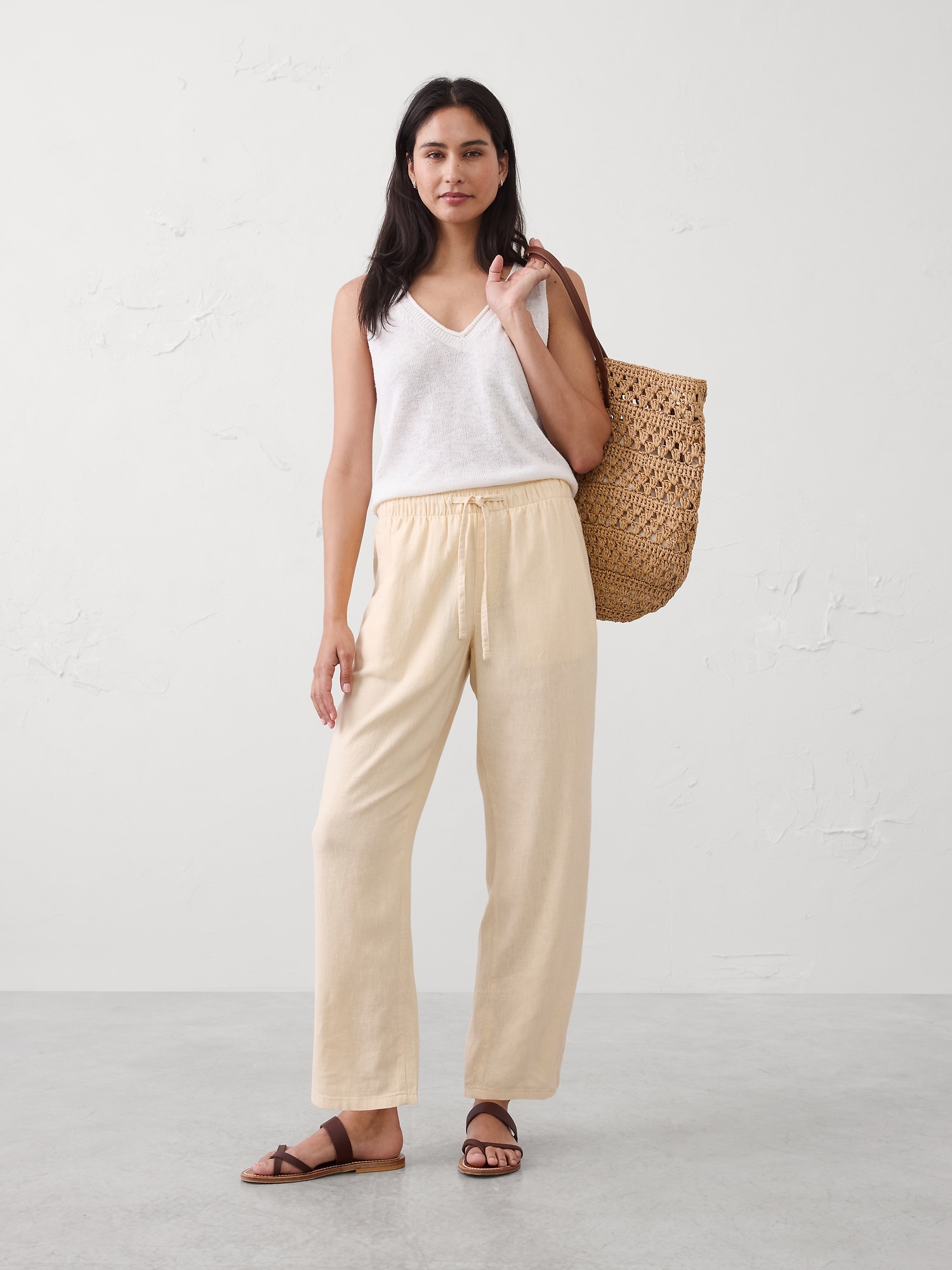 Image number 1 showing, Straight-Leg Mid-Rise Linen-Blend Pant