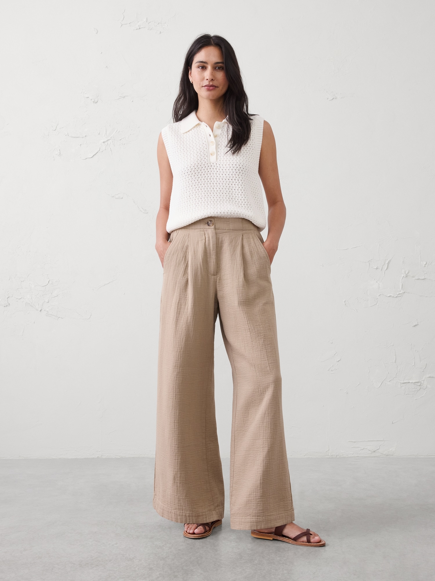 Image number 1 showing, Anyday Wide-Leg High-Rise Gauze Pleated Trouser