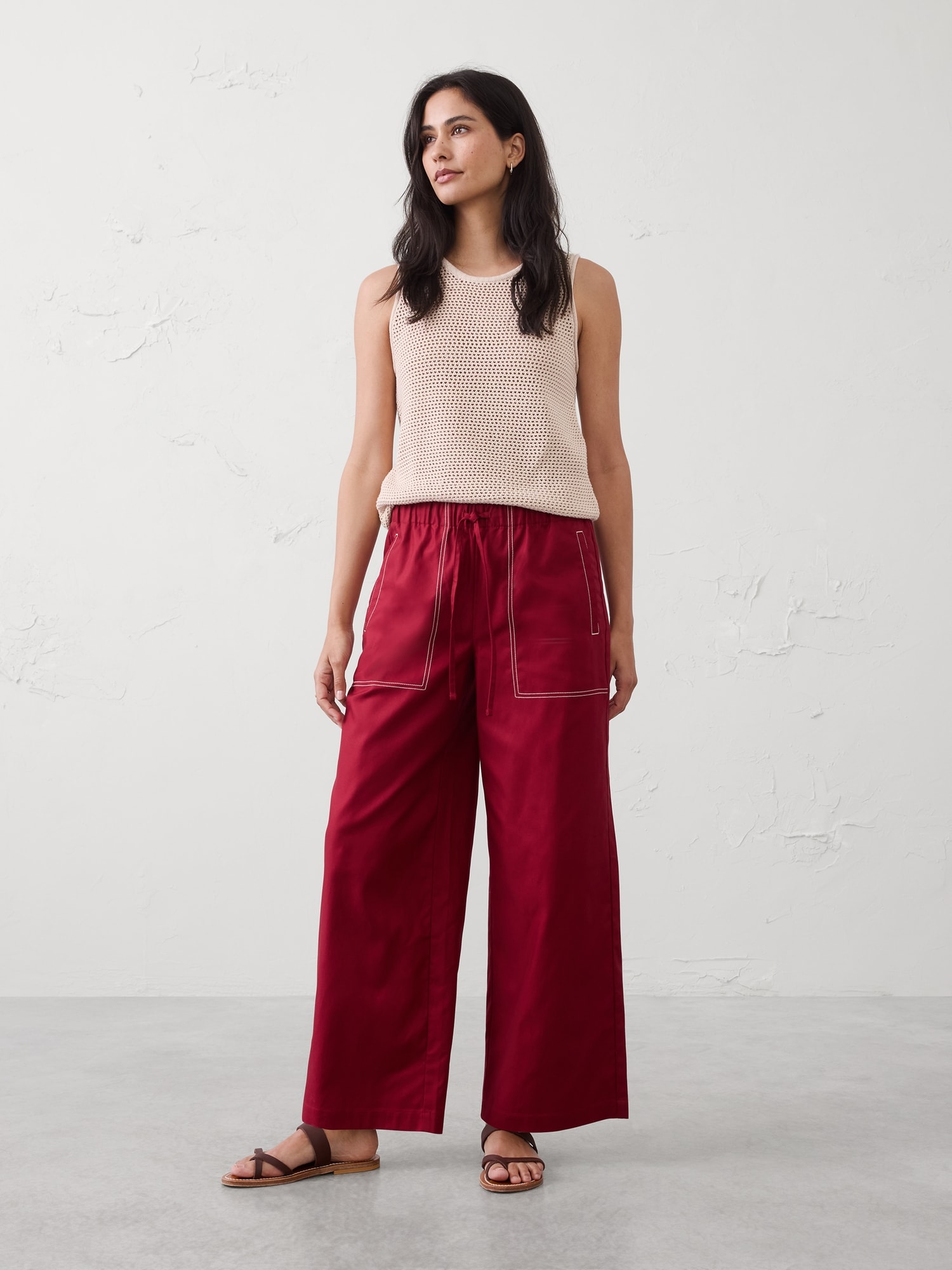 Image number 1 showing, Wide-Leg Mid-Rise Twill Pull-On Utility Pant